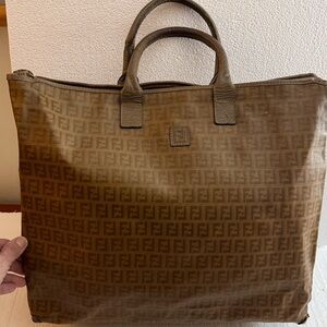 Fendi Monogram double handle large tote. Worn. VINTAGE. Tan dark beige